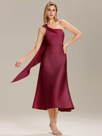 Satin One-Shoulder Midi Wedding Guest Dress - Burgundy
