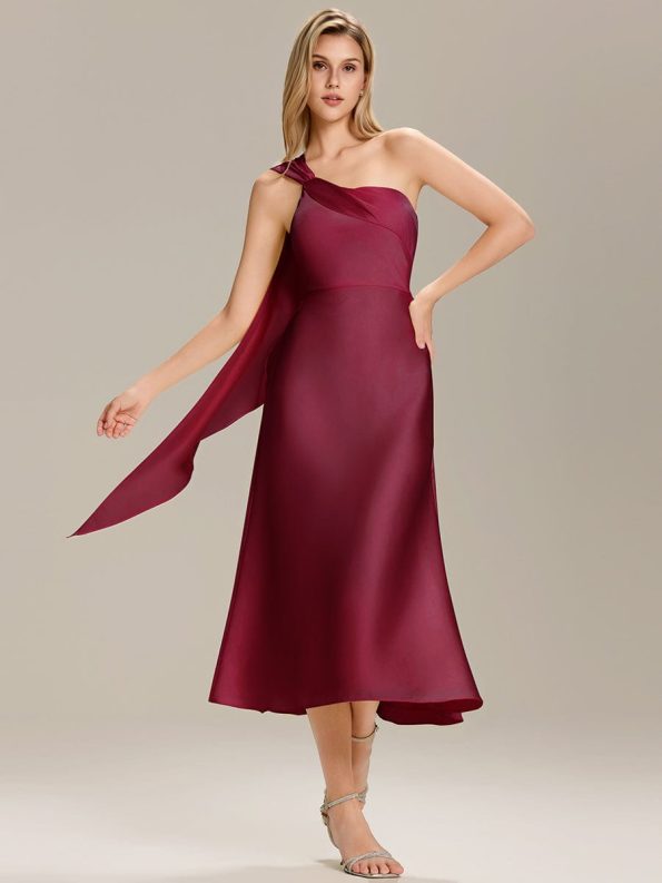 Satin One-Shoulder Midi Wedding Guest Dress - Burgundy