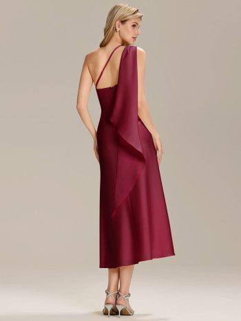 Satin One-Shoulder Midi Wedding Guest Dress - Burgundy
