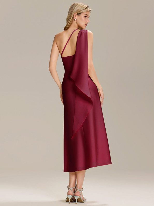 Satin One-Shoulder Midi Wedding Guest Dress - Burgundy