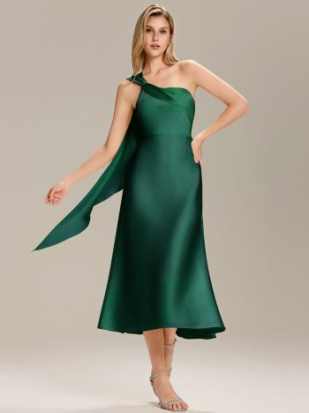 Satin One-Shoulder Midi Wedding Guest Dress - Dark Green
