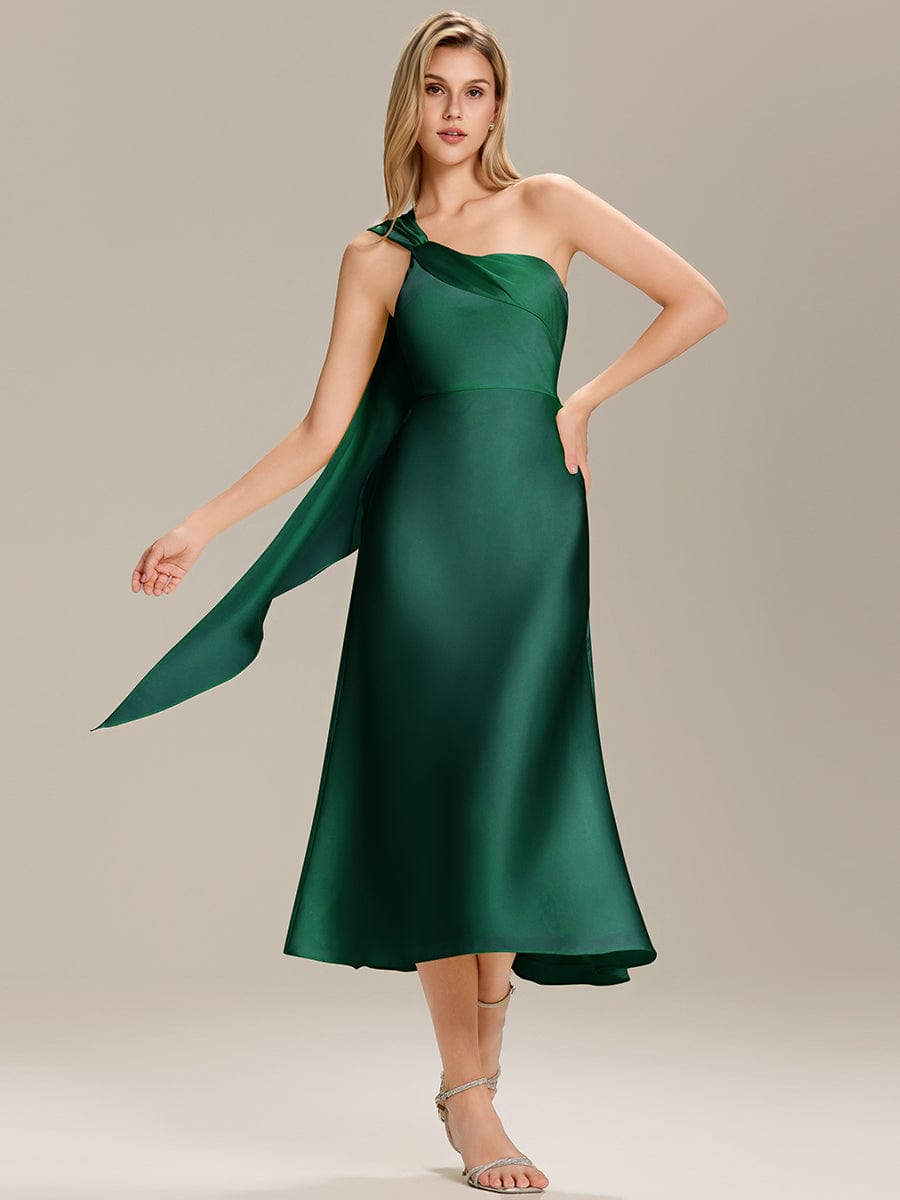 Satin One-Shoulder Midi Wedding Guest Dress - Dark Green Satin One-Shoulder Midi Wedding Guest Dress - Dark Green