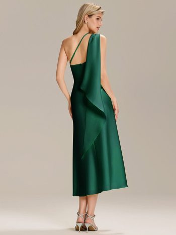 Satin One-Shoulder Midi Wedding Guest Dress - Dark Green