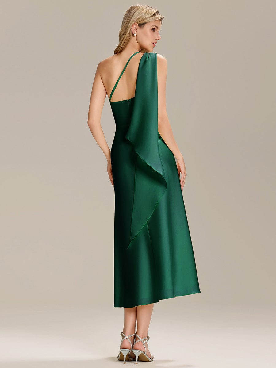 Satin One-Shoulder Midi Wedding Guest Dress - Dark Green Satin One-Shoulder Midi Wedding Guest Dress - Dark Green