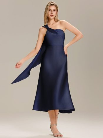 Satin One-Shoulder Midi Wedding Guest Dress - Navy Blue