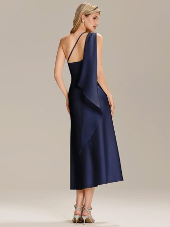 Satin One-Shoulder Midi Wedding Guest Dress - Navy Blue