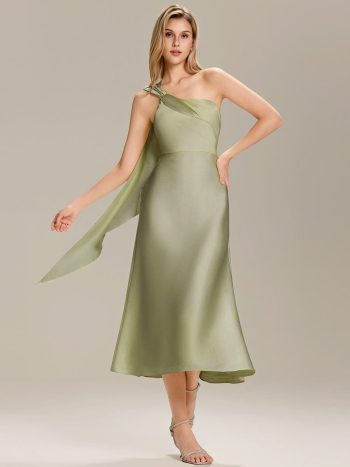 Satin One-Shoulder Midi Wedding Guest Dress - Sage Green
