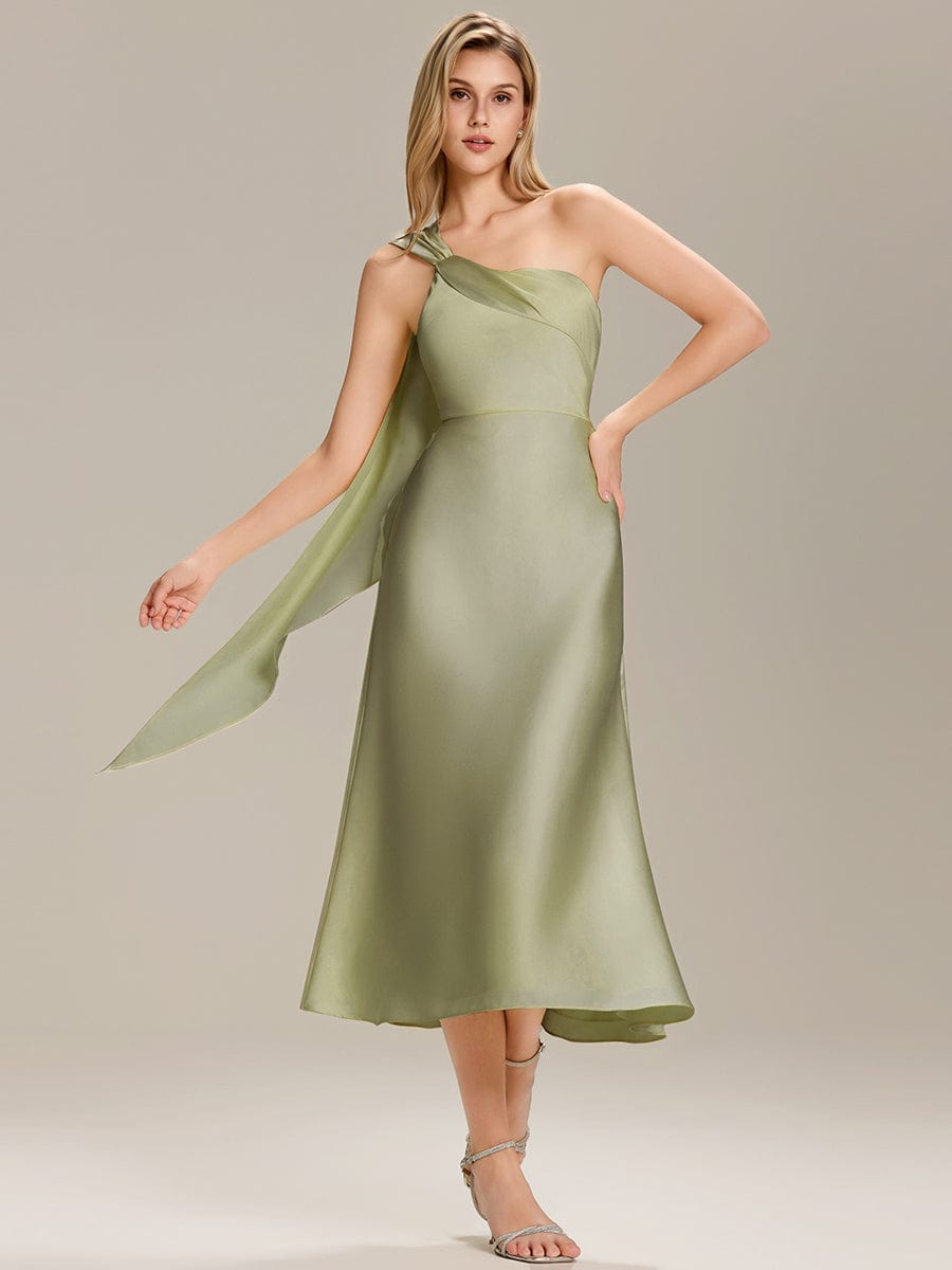 Satin One-Shoulder Midi Wedding Guest Dress - Sage Green Satin One-Shoulder Midi Wedding Guest Dress - Sage Green