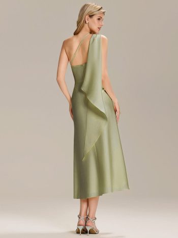 Satin One-Shoulder Midi Wedding Guest Dress - Sage Green