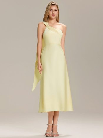 Satin One-Shoulder Midi Wedding Guest Dress - Yellow