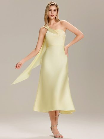 Satin One-Shoulder Midi Wedding Guest Dress - Yellow