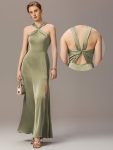 Satin Cross Halter Sleeveless Maxi Bridesmaid Dress - Sage Green