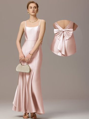 Mermaid Bow Stretch Satin Maxi Bridesmaid Dress - Pink