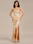 Satin One Shoulder Side Split Maxi Mermaid Bridesmaid Dress – Champagne