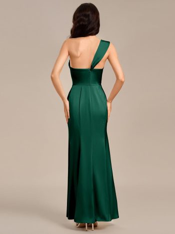 Satin One Shoulder Side Split Maxi Mermaid Bridesmaid Dress - Dark Green