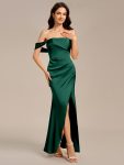 Satin One Shoulder Side Split Maxi Mermaid  Bridesmaid Dress – Dark Green