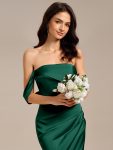 Satin One Shoulder Side Split Maxi Mermaid  Bridesmaid Dress – Dark Green