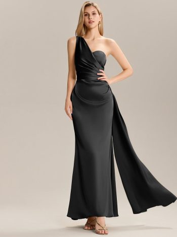 Flowing Ribbons Pleated Satin Sleeveless Bridesmaid Dress - Black