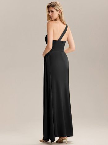 Flowing Ribbons Pleated Satin Sleeveless Bridesmaid Dress - Black
