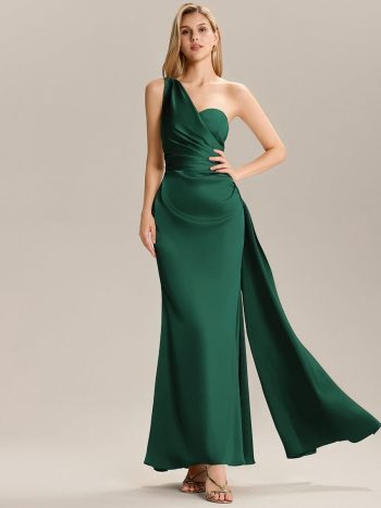 Flowing Ribbons Pleated Satin Sleeveless Bridesmaid Dress - Dark Green