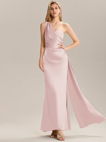Flowing Ribbons Pleated Satin Sleeveless Bridesmaid Dress - Pink