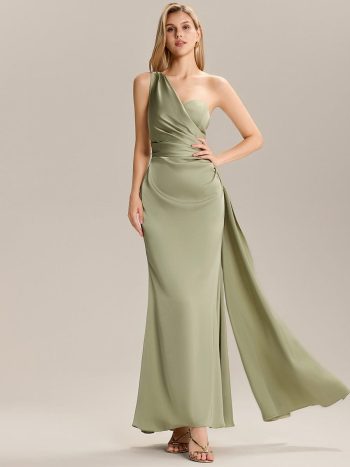 Flowing Ribbons Pleated Satin Sleeveless Bridesmaid Dress - Sage Green