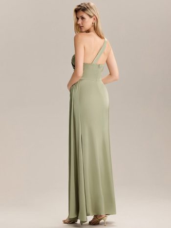 Flowing Ribbons Pleated Satin Sleeveless Bridesmaid Dress - Sage Green