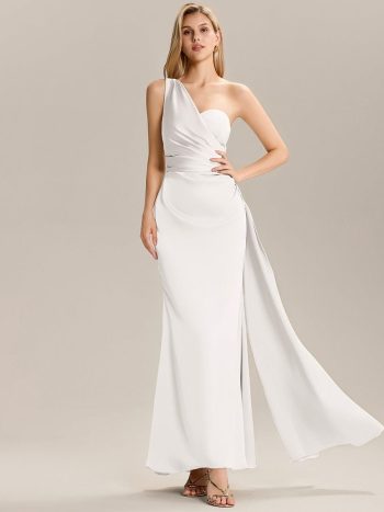 Flowing Ribbons Pleated Satin Sleeveless Bridesmaid Dress - White