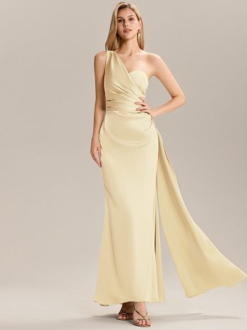 Flowing Ribbons Pleated Satin Sleeveless Bridesmaid Dress - Yellow
