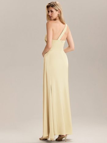Flowing Ribbons Pleated Satin Sleeveless Bridesmaid Dress - Yellow