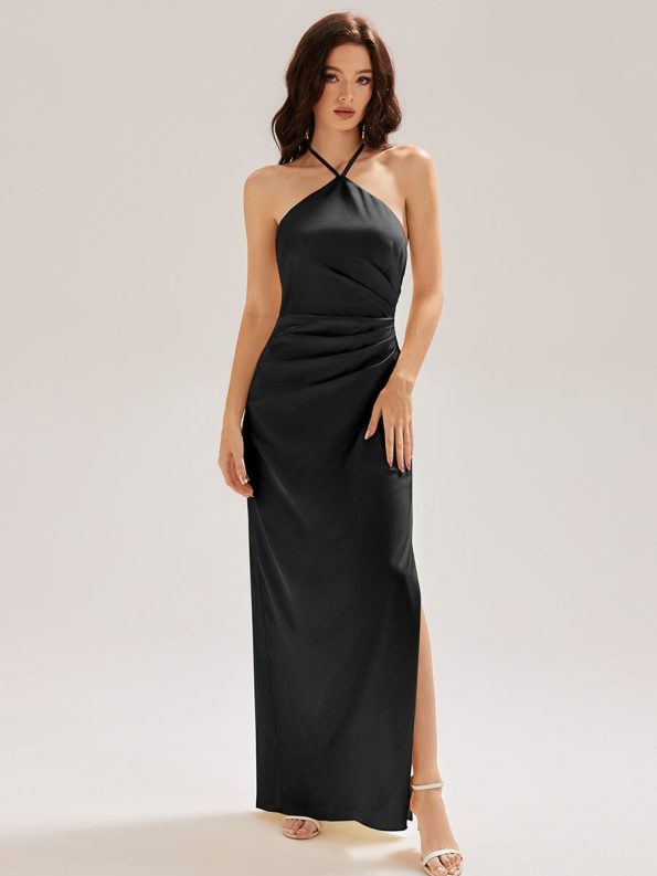 Satin Halter Backless Maxi Mermaid Dress - Black