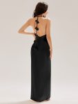 Satin Halter Backless Maxi Mermaid Dress – Black