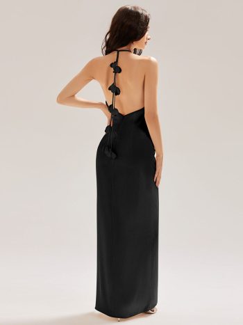 Satin Halter Backless Maxi Mermaid Dress - Black