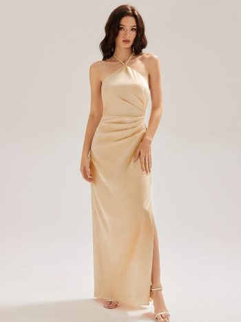 Satin Halter Backless Maxi Mermaid Dress - Champagne