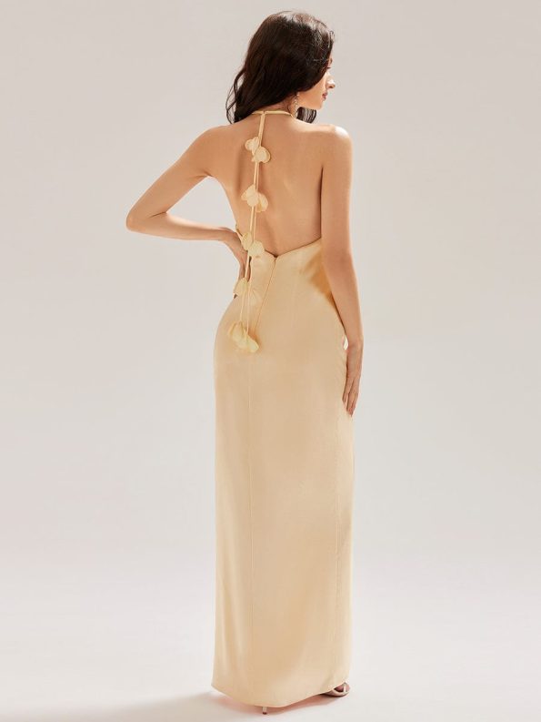 Satin Halter Backless Maxi Mermaid Dress - Champagne