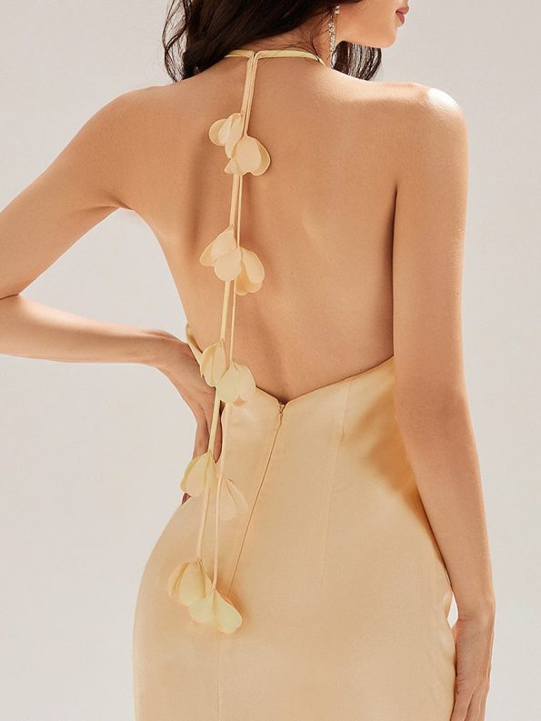 Satin Halter Backless Maxi Mermaid Dress - Champagne