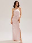 Satin Halter Backless Maxi Mermaid Dress - Pink
