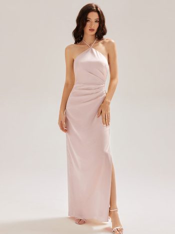 Satin Halter Backless Maxi Mermaid Dress - Pink
