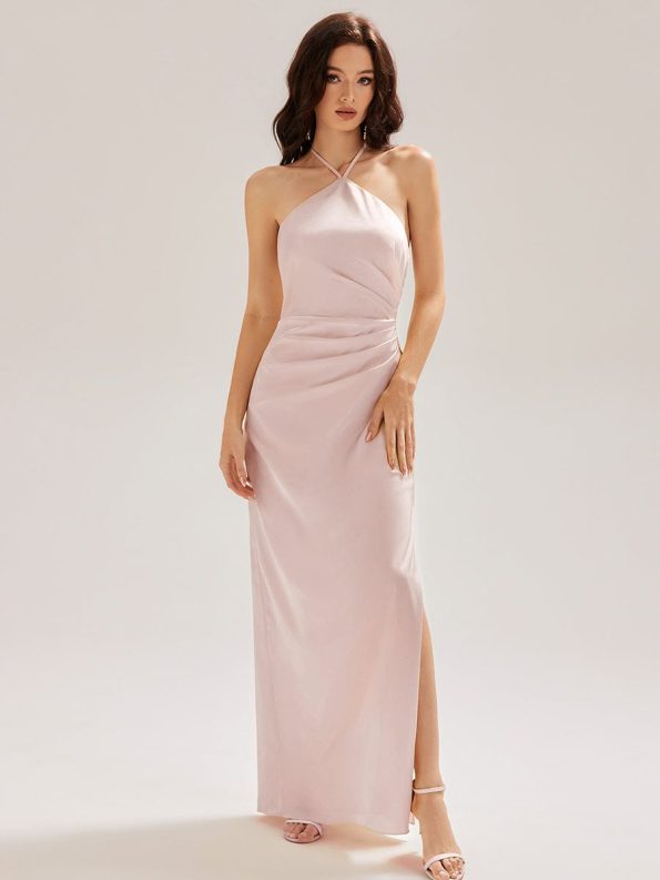 Satin Halter Backless Maxi Mermaid Dress - Pink