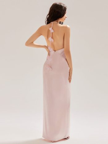Satin Halter Backless Maxi Mermaid Dress - Pink