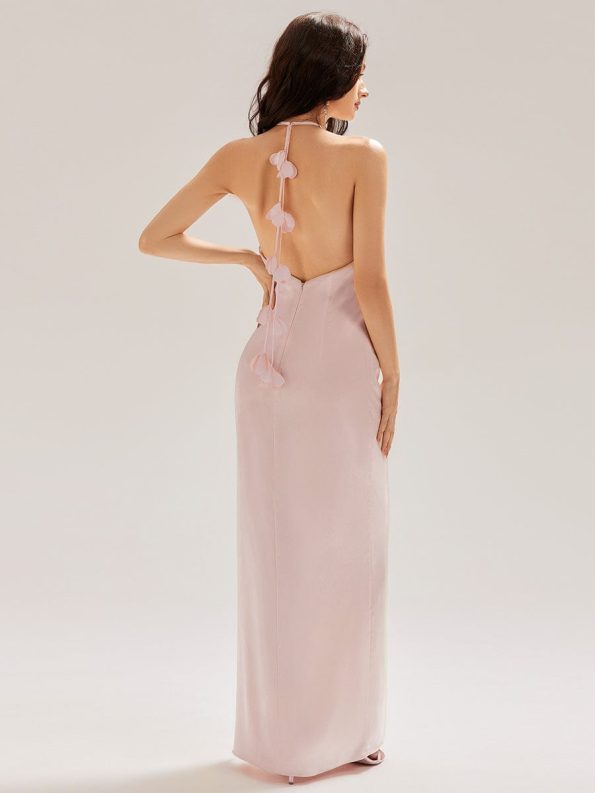 Satin Halter Backless Maxi Mermaid Dress - Pink