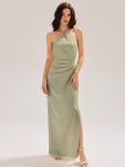 Satin Halter Backless Maxi Mermaid Dress - Sage Green