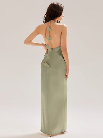 Satin Halter Backless Maxi Mermaid Dress - Sage Green