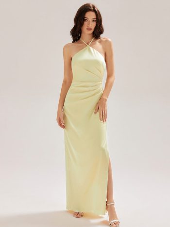 Satin Halter Backless Maxi Mermaid Dress - Yellow