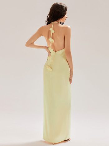 Satin Halter Backless Maxi Mermaid Dress - Yellow