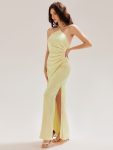 Satin Halter Backless Maxi Mermaid Dress – Yellow