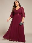 Plus Size Empire Waist Pleated Chiffon Long Sleeves Formal Evening Dress – Burgundy