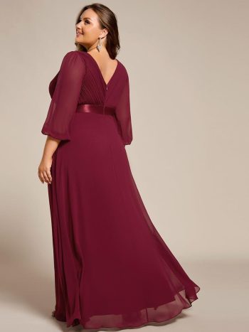 Plus Size Empire Waist Pleated Chiffon Long Sleeves Formal Evening Dress - Burgundy