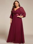 Plus Size Empire Waist Pleated Chiffon Long Sleeves Formal Evening Dress - Burgundy