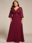 Plus Size Empire Waist Pleated Chiffon Long Sleeves Formal Evening Dress – Burgundy